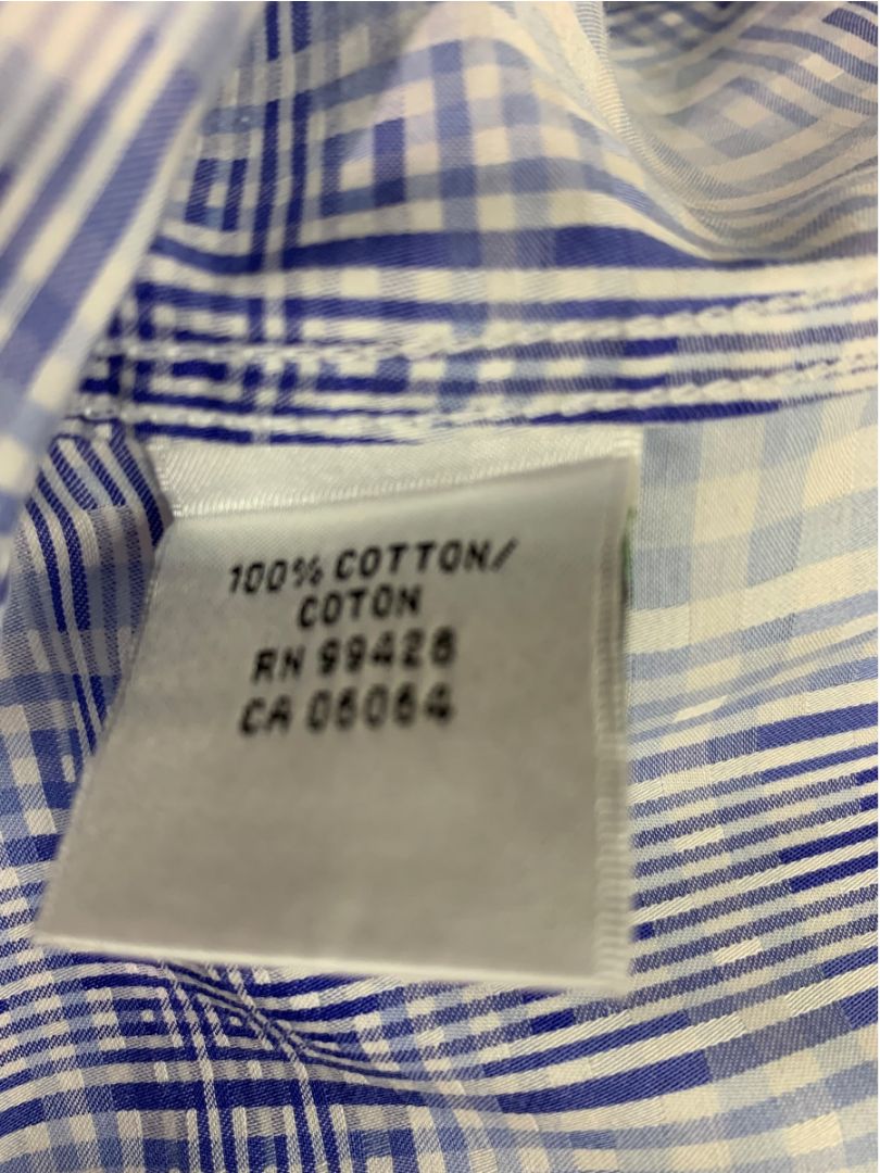 Size XL Bugatchi Mens Blue White Plaid Button Up Dress Shirt Cotton Shaped Fit