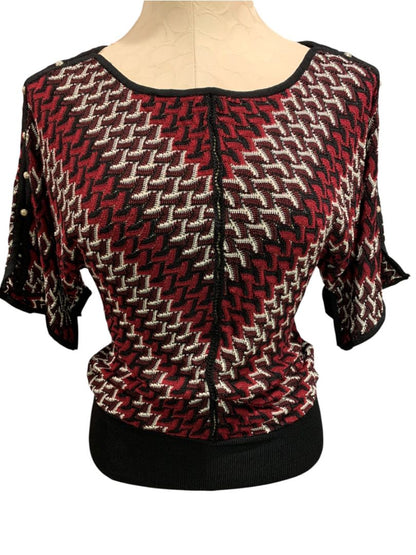 Small White House Black Market Short Sleeve V-Neck Sweater Black Red Silver