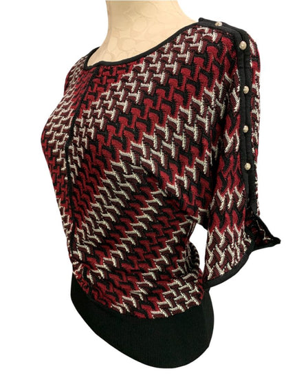 Small White House Black Market Short Sleeve V-Neck Sweater Black Red Silver
