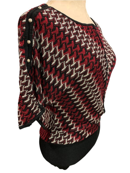 Small White House Black Market Short Sleeve V-Neck Sweater Black Red Silver
