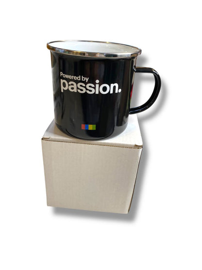 New Ebay Branded Fueled by Passion Enameled Metal Camping Mug Black