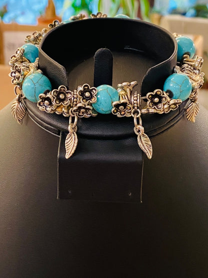 Silvertone and Faux Turquoise Beaded Stretch Bracelet Feather Charms