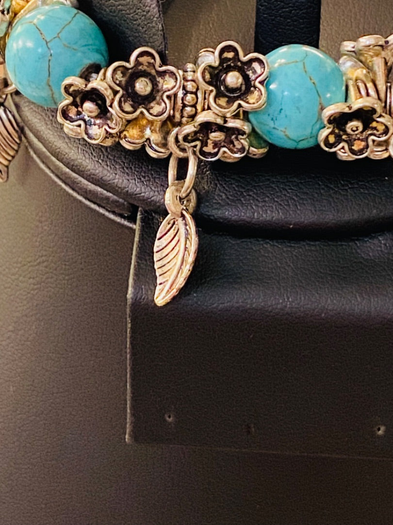 Silvertone and Faux Turquoise Beaded Stretch Bracelet Feather Charms