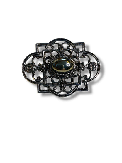 Dark Silvertone Scrolled Brooch Retro 2.1"