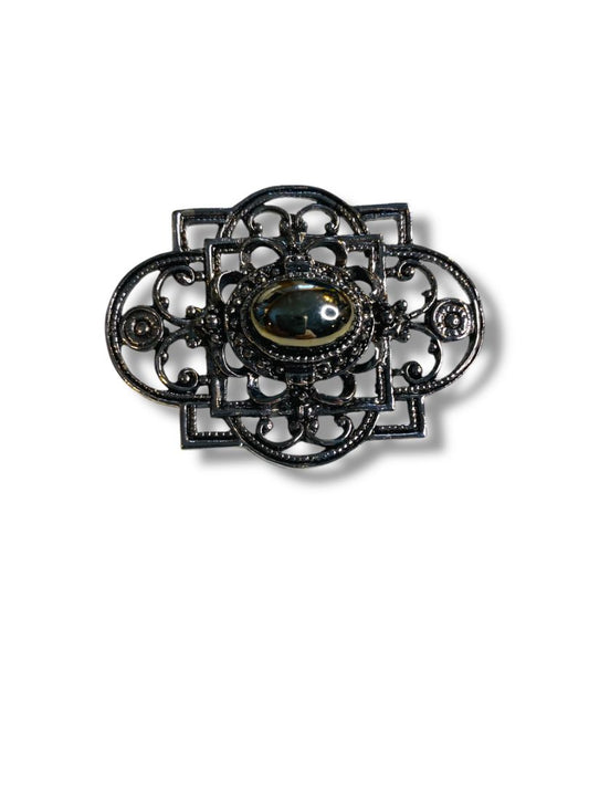 Dark Silvertone Scrolled Brooch Retro 2.1"