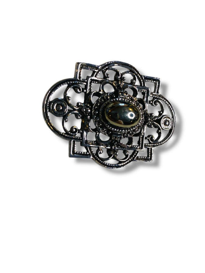 Dark Silvertone Scrolled Brooch Retro 2.1"