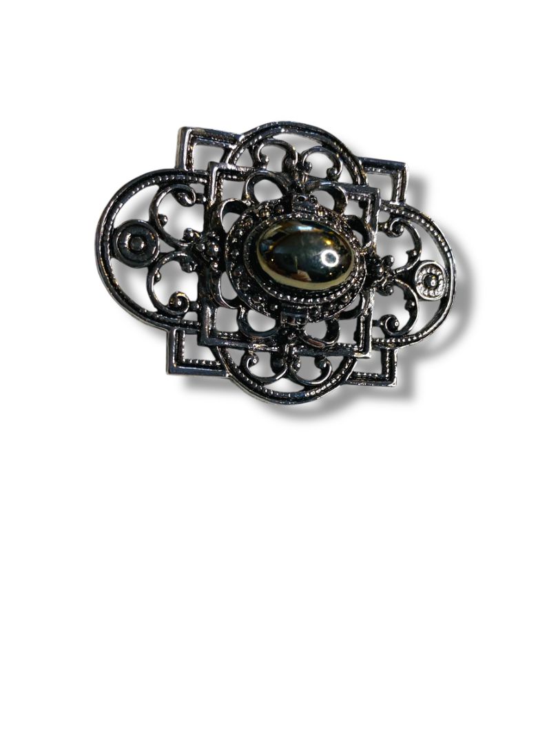 Dark Silvertone Scrolled Brooch Retro 2.1"