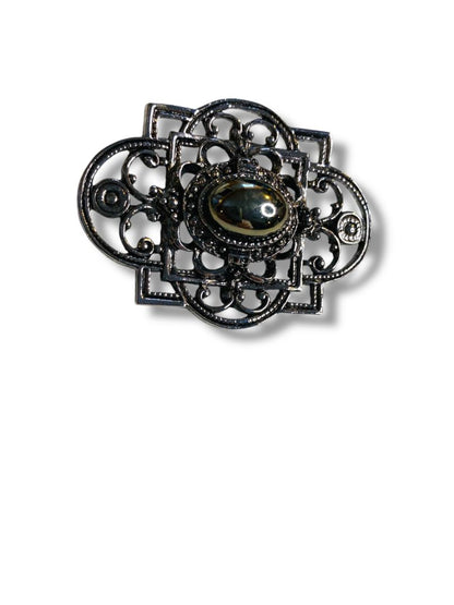 Dark Silvertone Scrolled Brooch Retro 2.1"