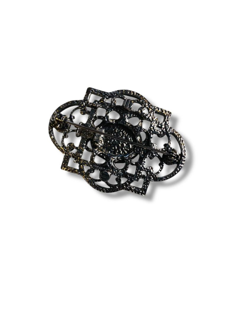 Dark Silvertone Scrolled Brooch Retro 2.1"