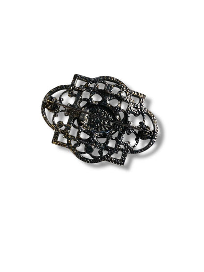 Dark Silvertone Scrolled Brooch Retro 2.1"