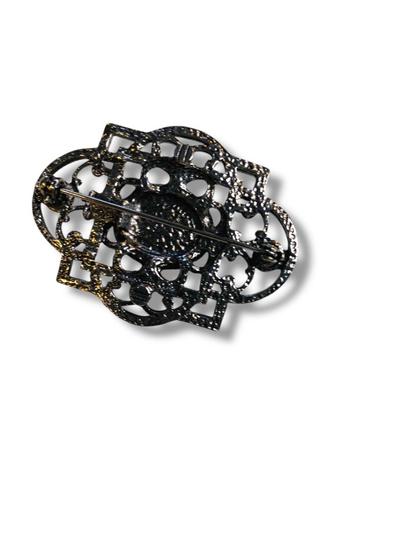 Dark Silvertone Scrolled Brooch Retro 2.1"