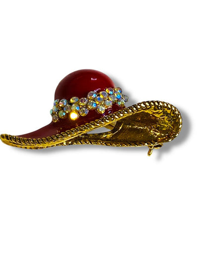 Red Hat Enameled Pin Brooch Goldtone Rhinestones 1.75"