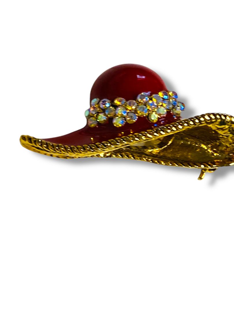 Red Hat Enameled Pin Brooch Goldtone Rhinestones 1.75"