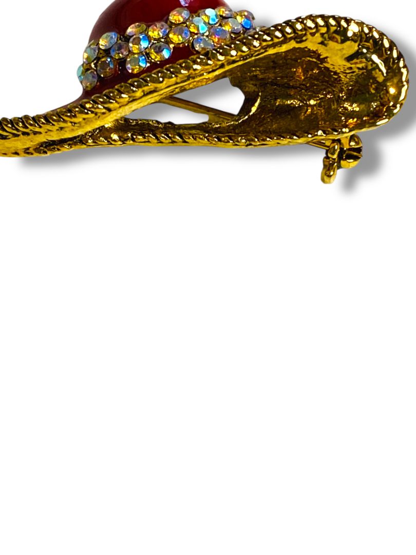 Red Hat Enameled Pin Brooch Goldtone Rhinestones 1.75"
