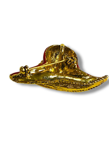 Red Hat Enameled Pin Brooch Goldtone Rhinestones 1.75"