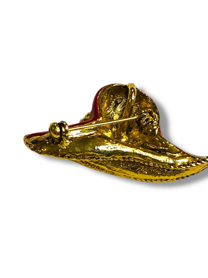 Red Hat Enameled Pin Brooch Goldtone Rhinestones 1.75"