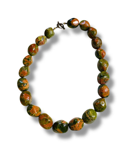 Natural Stone 15mm Unakite Beaded Necklace Toggle Clasp 17.5"