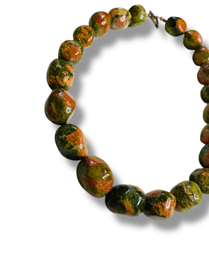 Natural Stone 15mm Unakite Beaded Necklace Toggle Clasp 17.5"
