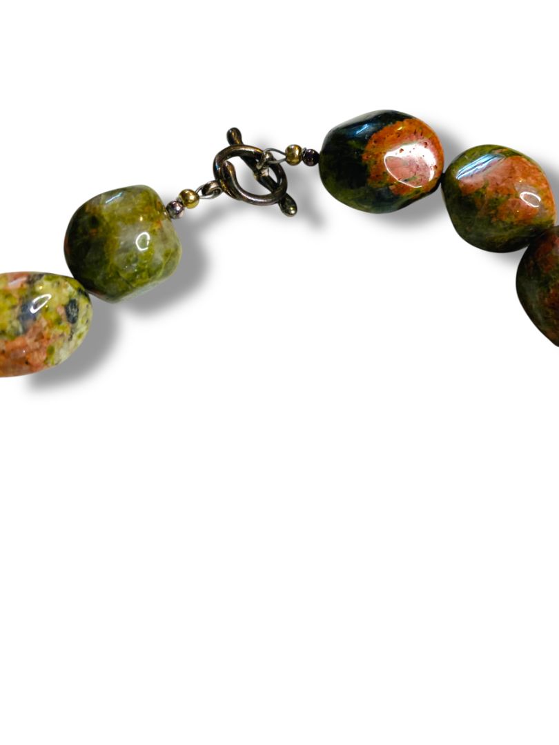 Natural Stone 15mm Unakite Beaded Necklace Toggle Clasp 17.5"