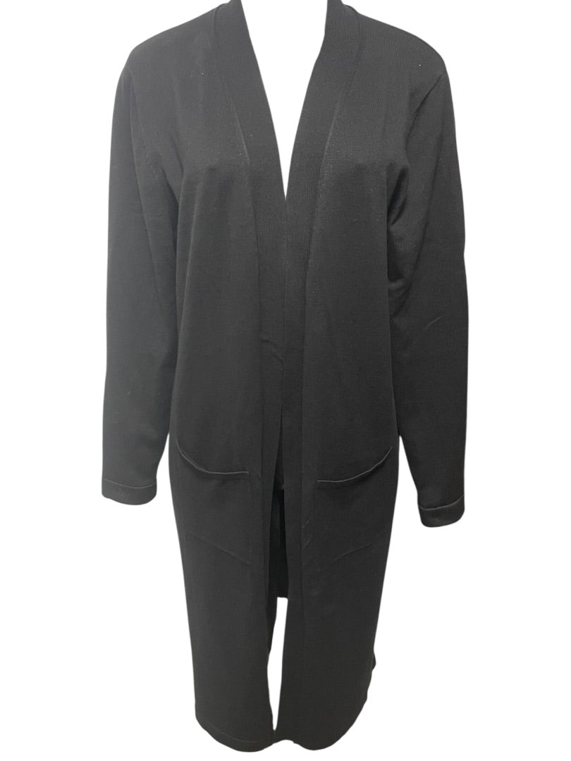 Large Joan Vass Womens Black Open Cardigan Sweater Duster Pockets