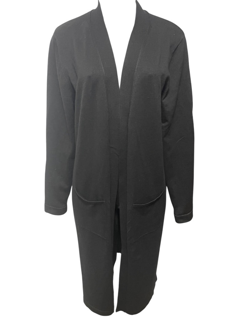 Large Joan Vass Womens Black Open Cardigan Sweater Duster Pockets
