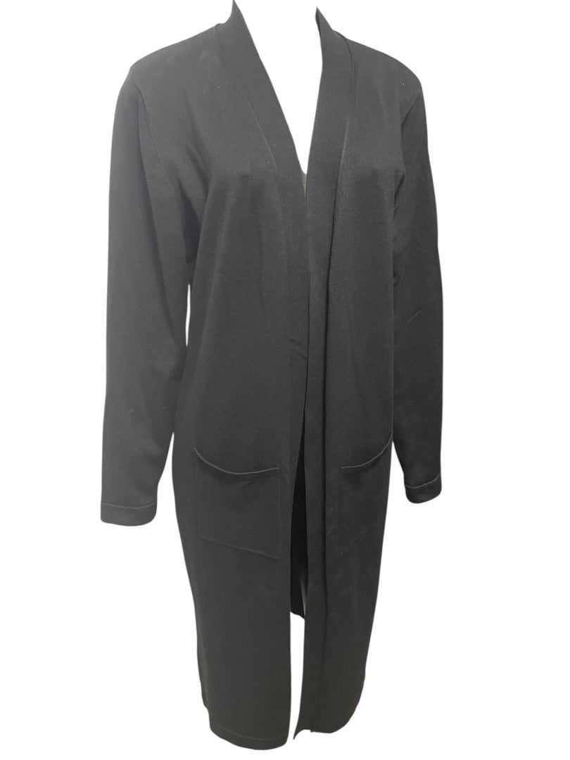 Large Joan Vass Womens Black Open Cardigan Sweater Duster Pockets