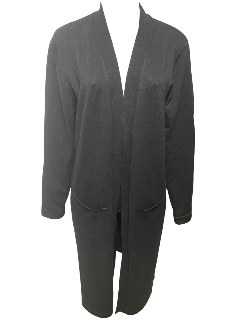 Large Joan Vass Womens Black Open Cardigan Sweater Duster Pockets