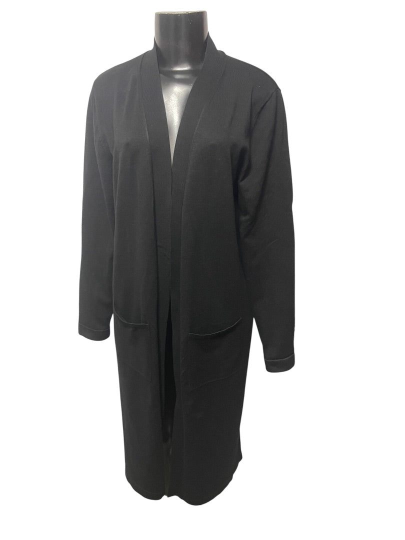 Large Joan Vass Womens Black Open Cardigan Sweater Duster Pockets