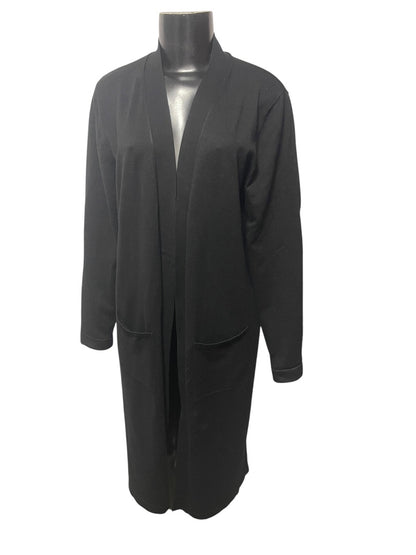 Large Joan Vass Womens Black Open Cardigan Sweater Duster Pockets
