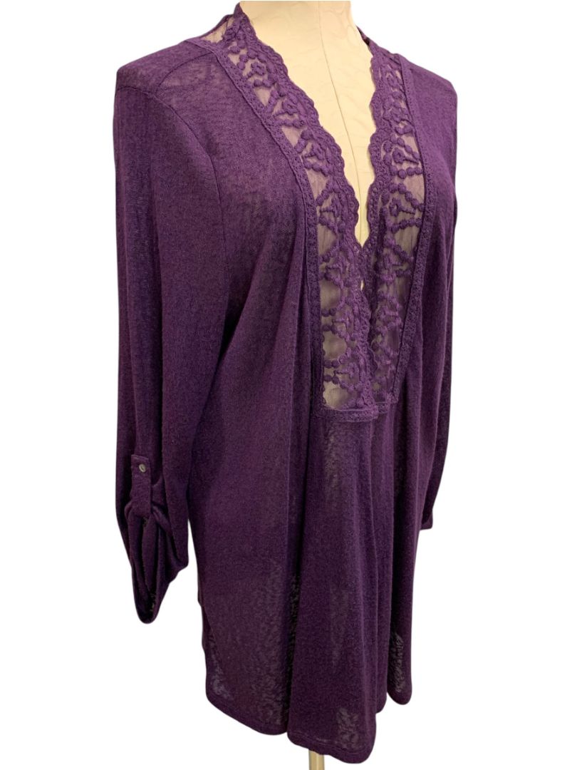 Size 2X Skies are Blue Womens Purple Lightweight Open Cardigan Lace Trim