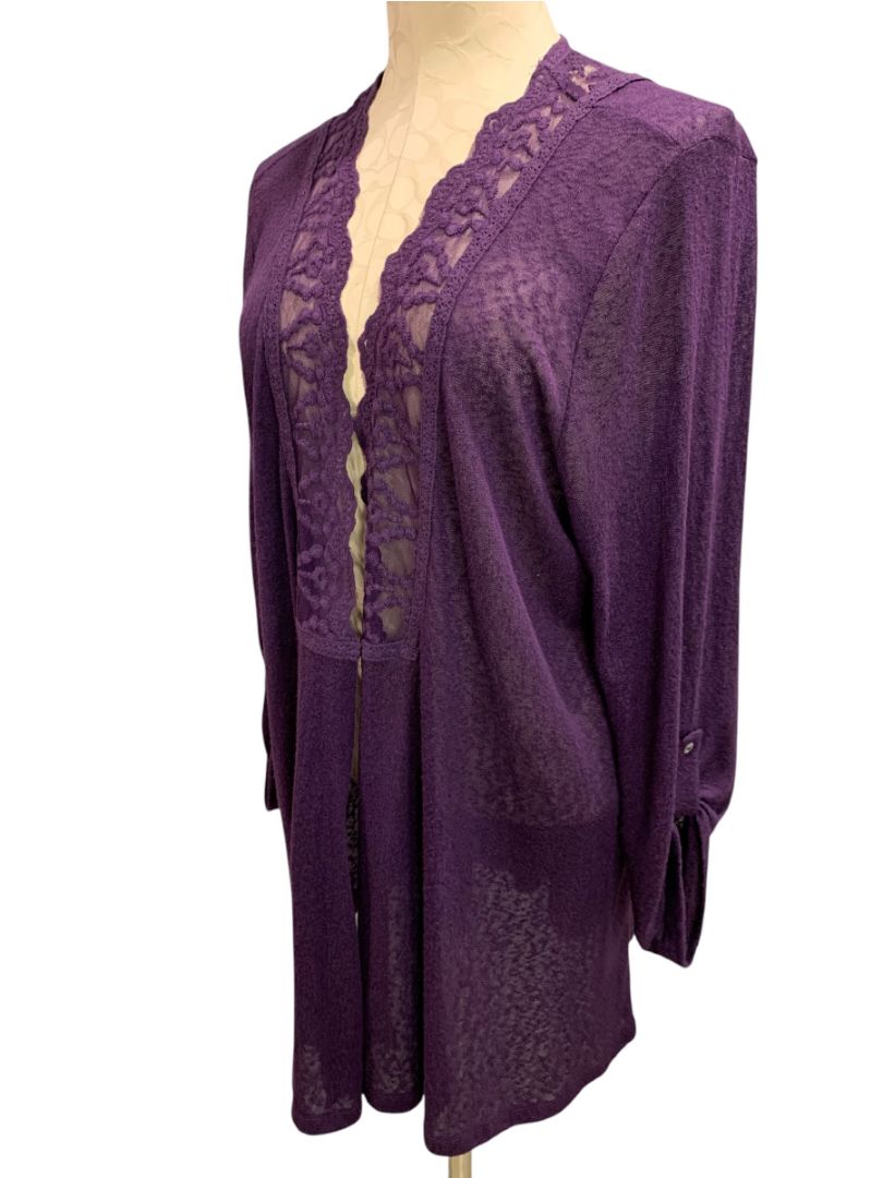 Size 2X Skies are Blue Womens Purple Lightweight Open Cardigan Lace Trim