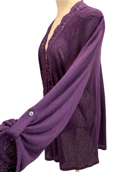 Size 2X Skies are Blue Womens Purple Lightweight Open Cardigan Lace Trim