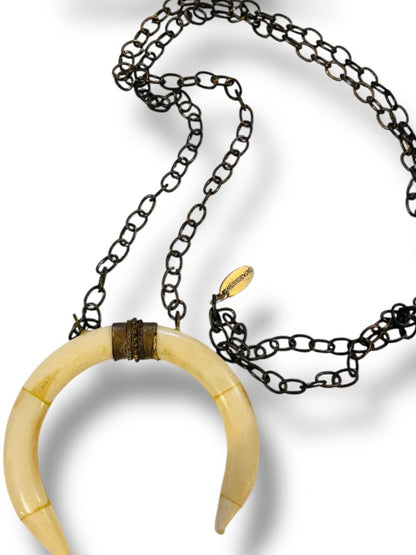Liv H Grace Faux Tusk 3" Pendant Boho 44" Chain Antiqued Look