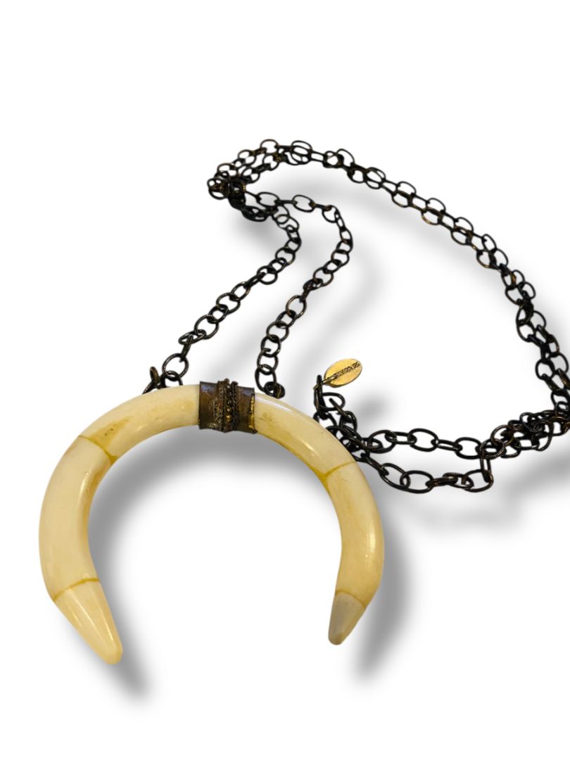 Liv H Grace Faux Tusk 3" Pendant Boho 44" Chain Antiqued Look