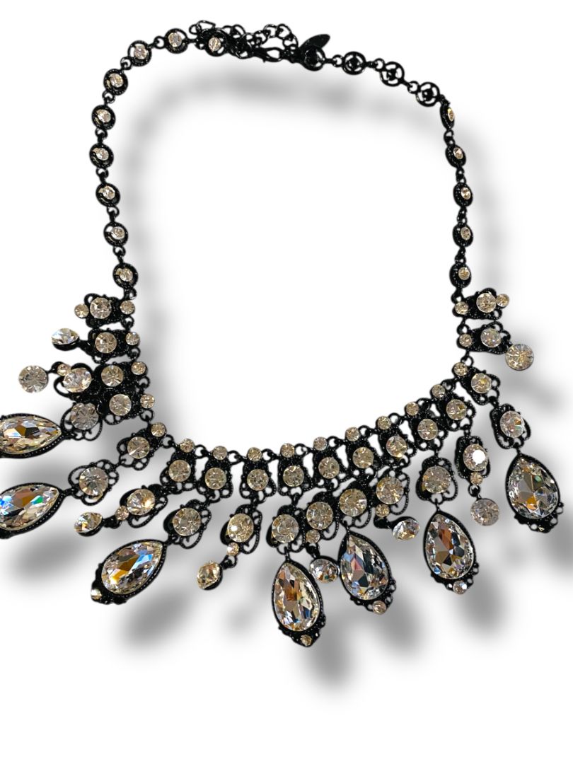 Natasha Bib Necklace Black Chain Clear Beads Sparkly 16-19"