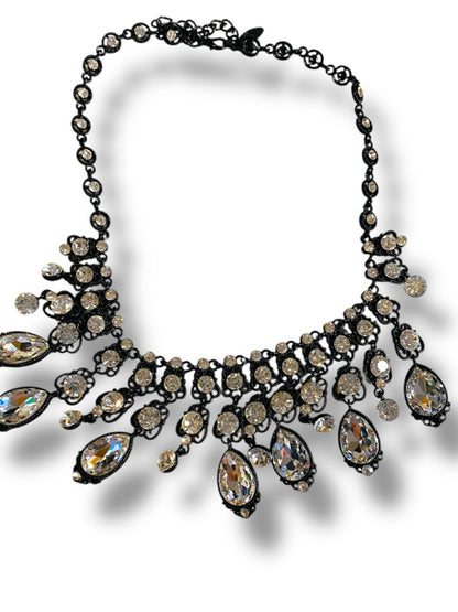 Natasha Bib Necklace Black Chain Clear Beads Sparkly 16-19"