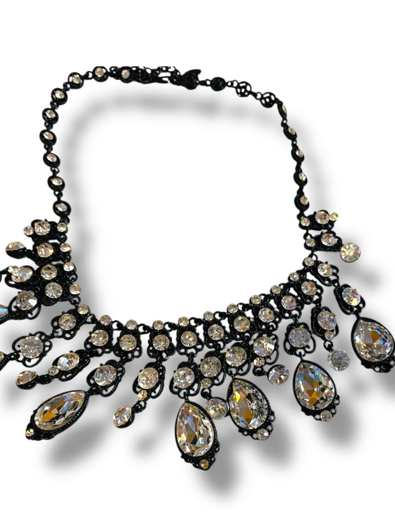 Natasha Bib Necklace Black Chain Clear Beads Sparkly 16-19"