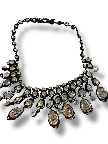 Natasha Bib Necklace Black Chain Clear Beads Sparkly 16-19"