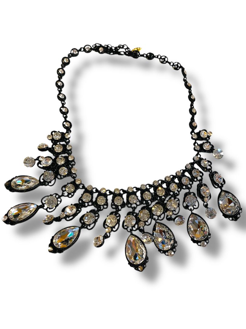 Natasha Bib Necklace Black Chain Clear Beads Sparkly 16-19"