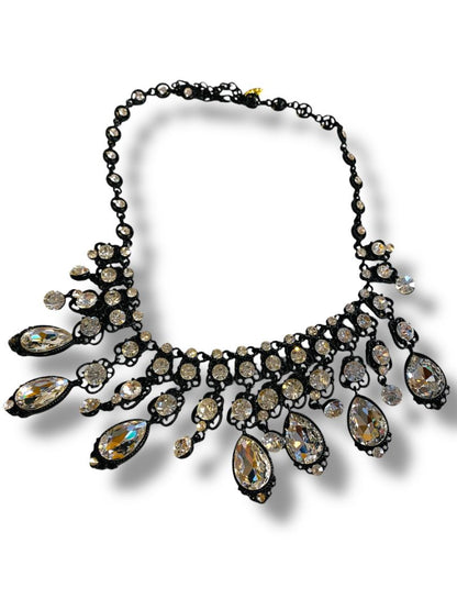 Natasha Bib Necklace Black Chain Clear Beads Sparkly 16-19"