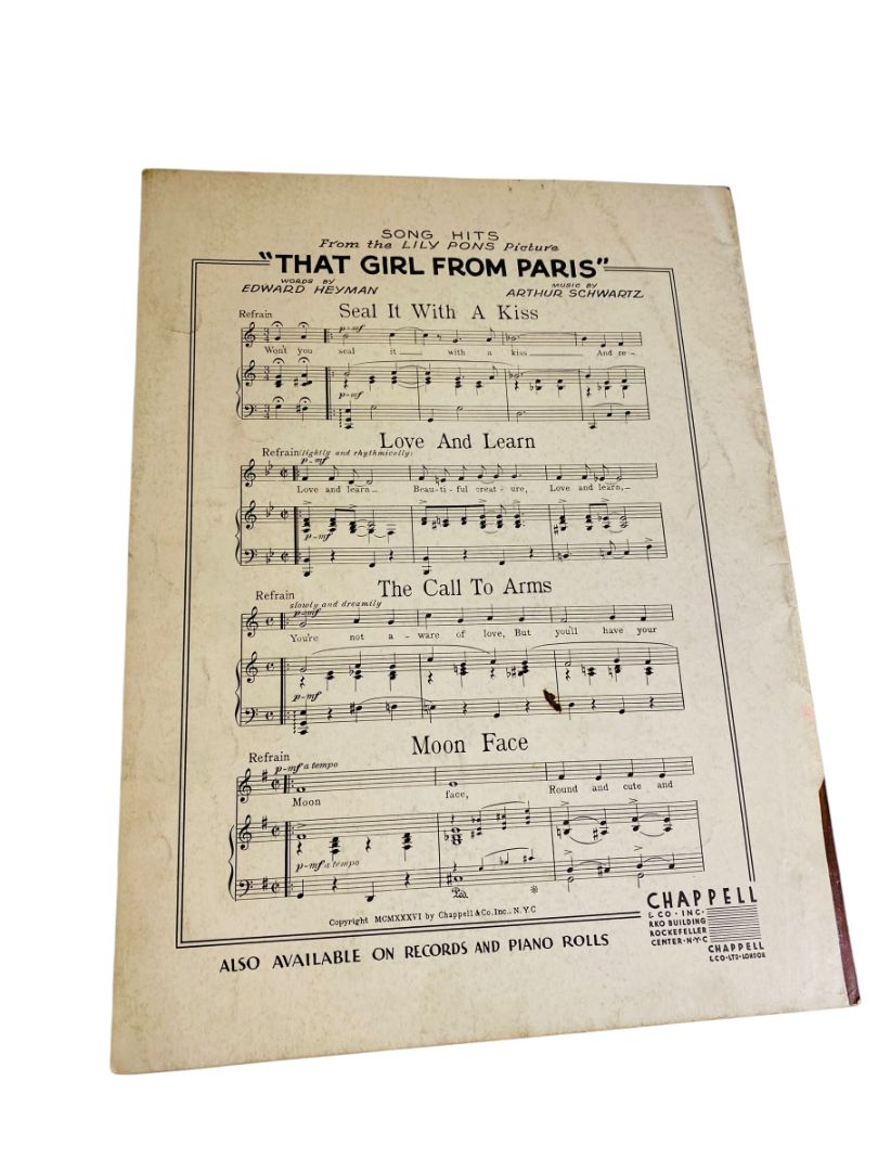 1936 That Girl From Paris Sheet Music Schwartz Heyman Chappell & Co