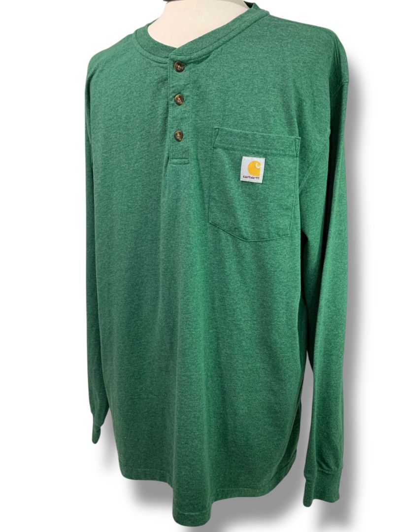 Size XL Carhartt Mens Green Loose Fit Henley Shirt Single Pocket