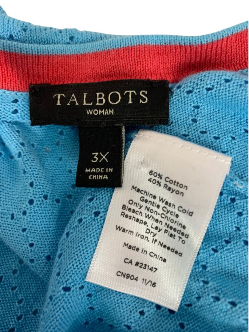 3X Talbots Woman Blue Cardigan Sweater Lightweight Open Pattern