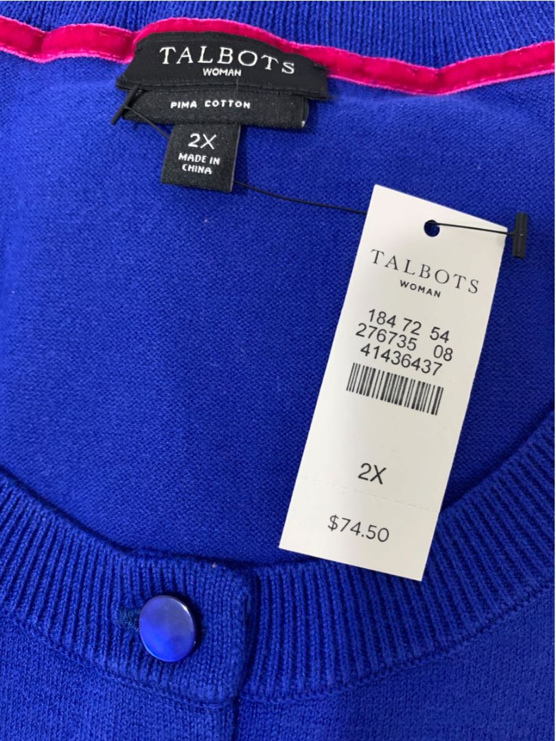 Size 2X Talbots Womens Cardigan Sweater Bright Blue Jay New Pima Cotton