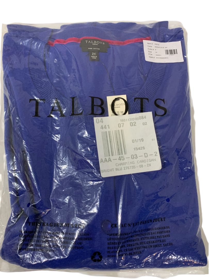Size 2X Talbots Womens Cardigan Sweater Bright Blue Jay New Pima Cotton