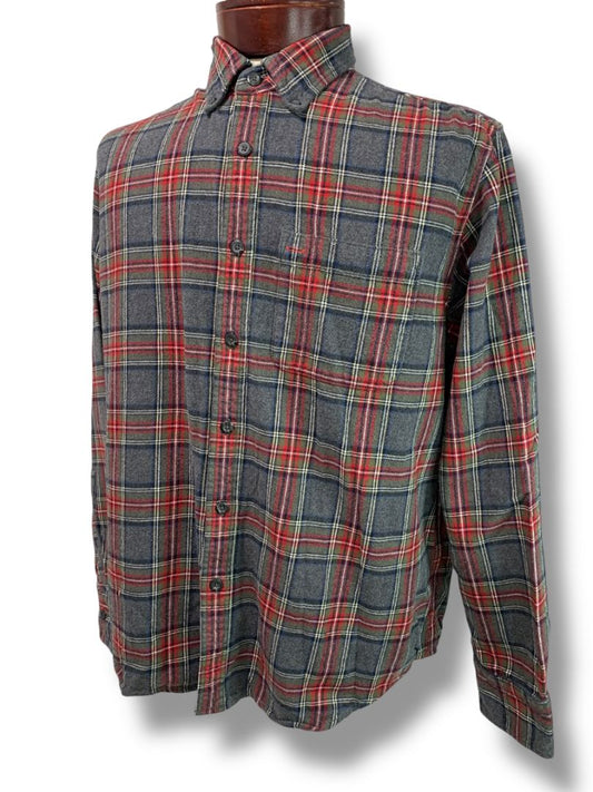 Size Large Eddie Bauer Mens Gray Red Plaid Flannel Button Up Shirt