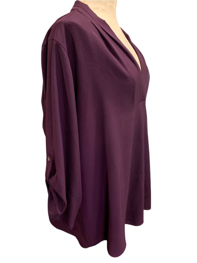 Size 2X Calvin Klein Womens Deep Purple Pullover Blouse Roll Tab Sleeve