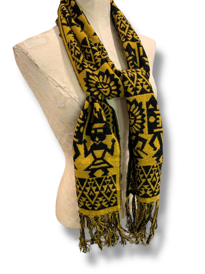 Vintage Sweater Knit Scarf Gold Black Aztec Print Fringed 69" x 9.5"