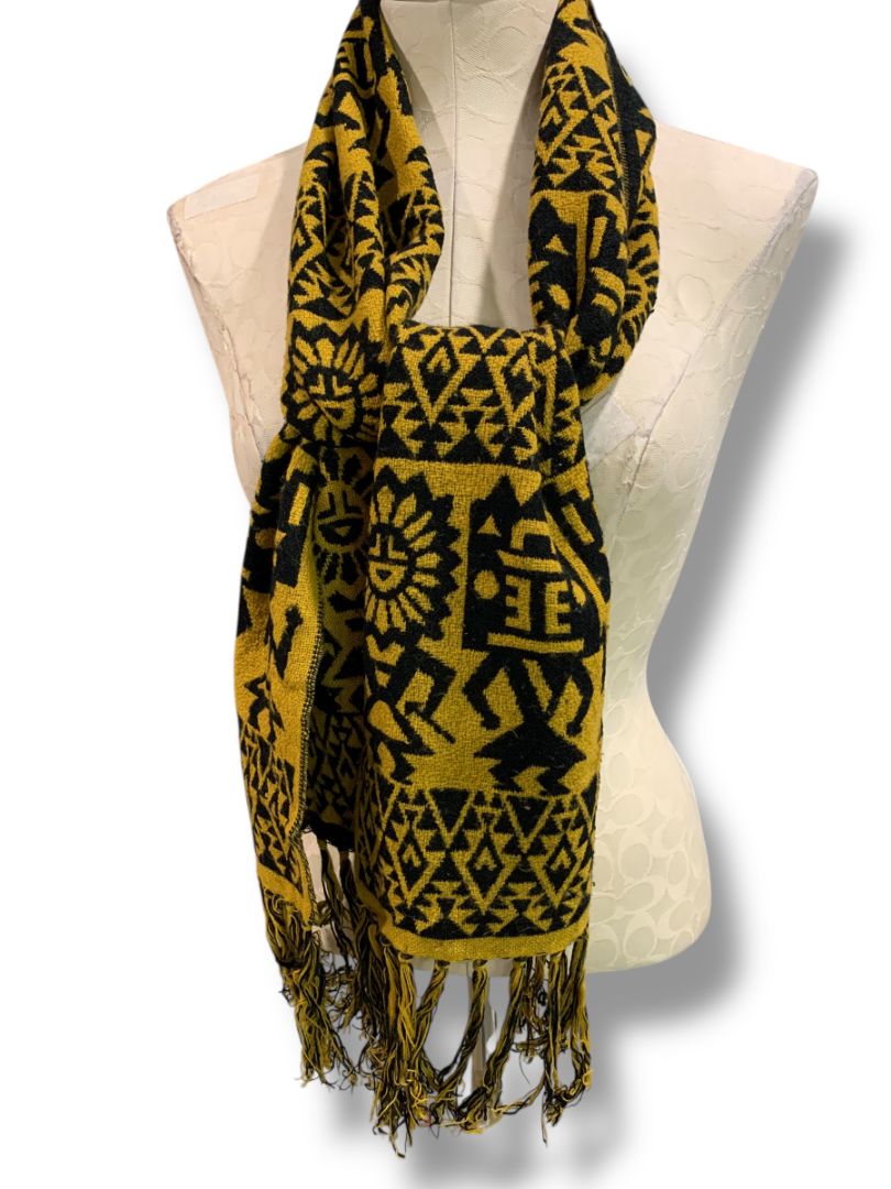 Vintage Sweater Knit Scarf Gold Black Aztec Print Fringed 69" x 9.5"