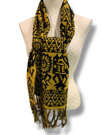 Vintage Sweater Knit Scarf Gold Black Aztec Print Fringed 69" x 9.5"